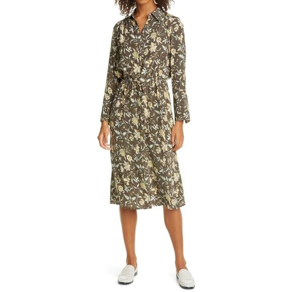 Club Monaco Midi Shirtdress in Brown Floral Medium Long Sleeve Button Front Silk - Picture 1 of 7